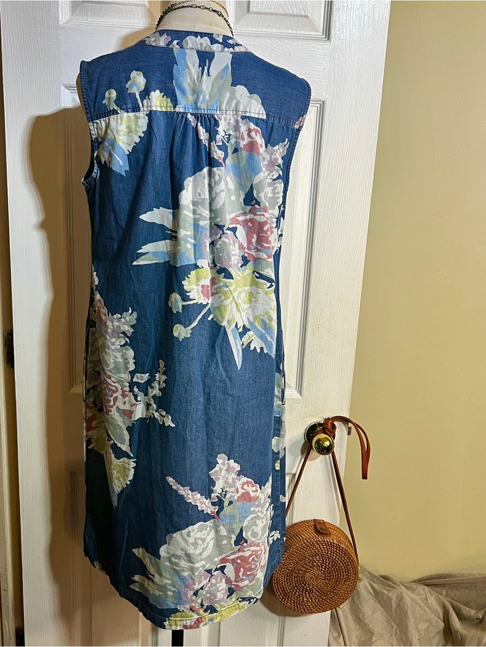 Denim&Co Wms Blue Cotton Stretch Floral Sleeveless Preppy Casual Summer Dress S - Picture 8 of 13